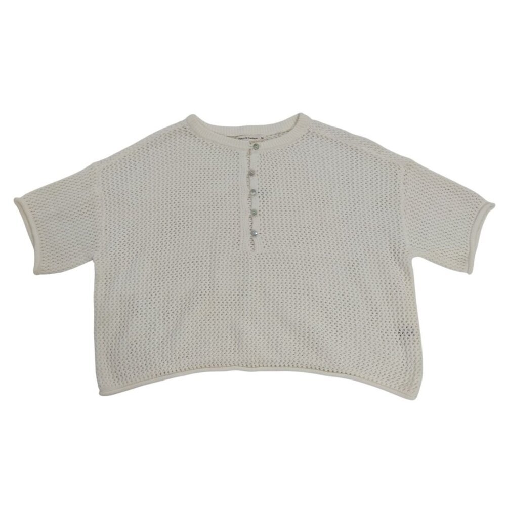 Moon & Madison White Short Sleeve Mesh Knit Button Henley Top Womens M.